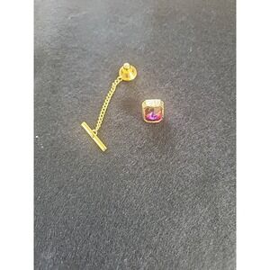 Vintage Watermelon‎ Pink Gemstone MCM Rivoli Tie Tac Gold Tone